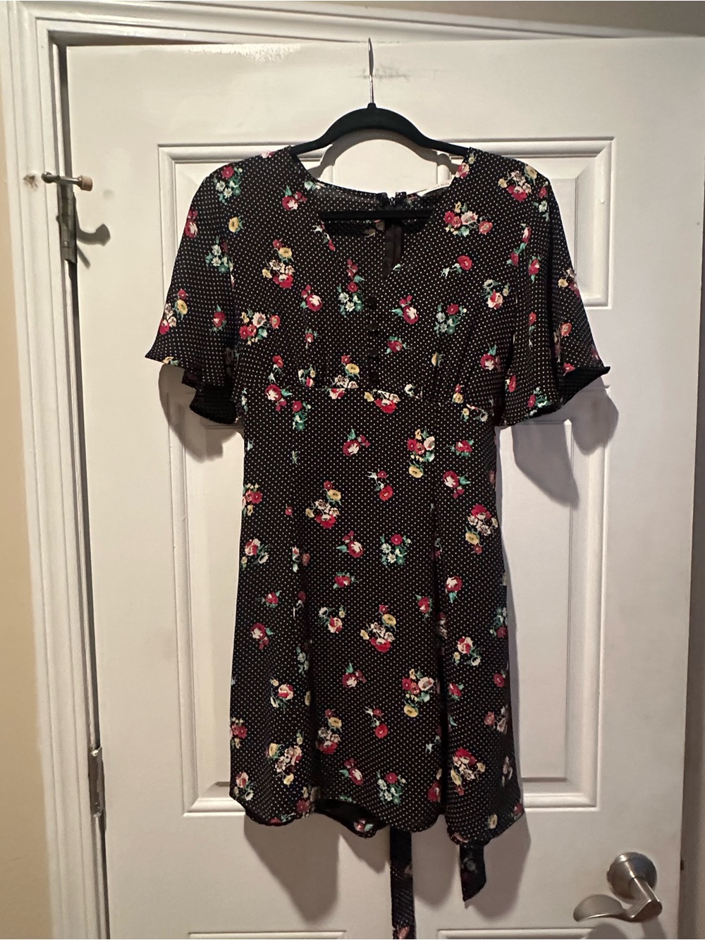 Rokoko Black Floral Polka Dot Mini Dress with Tie Waist